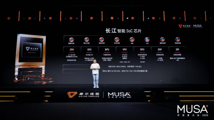 Présentateur à la conférence MUSA avec diapositive sur les spécifications du SoC 长江智能