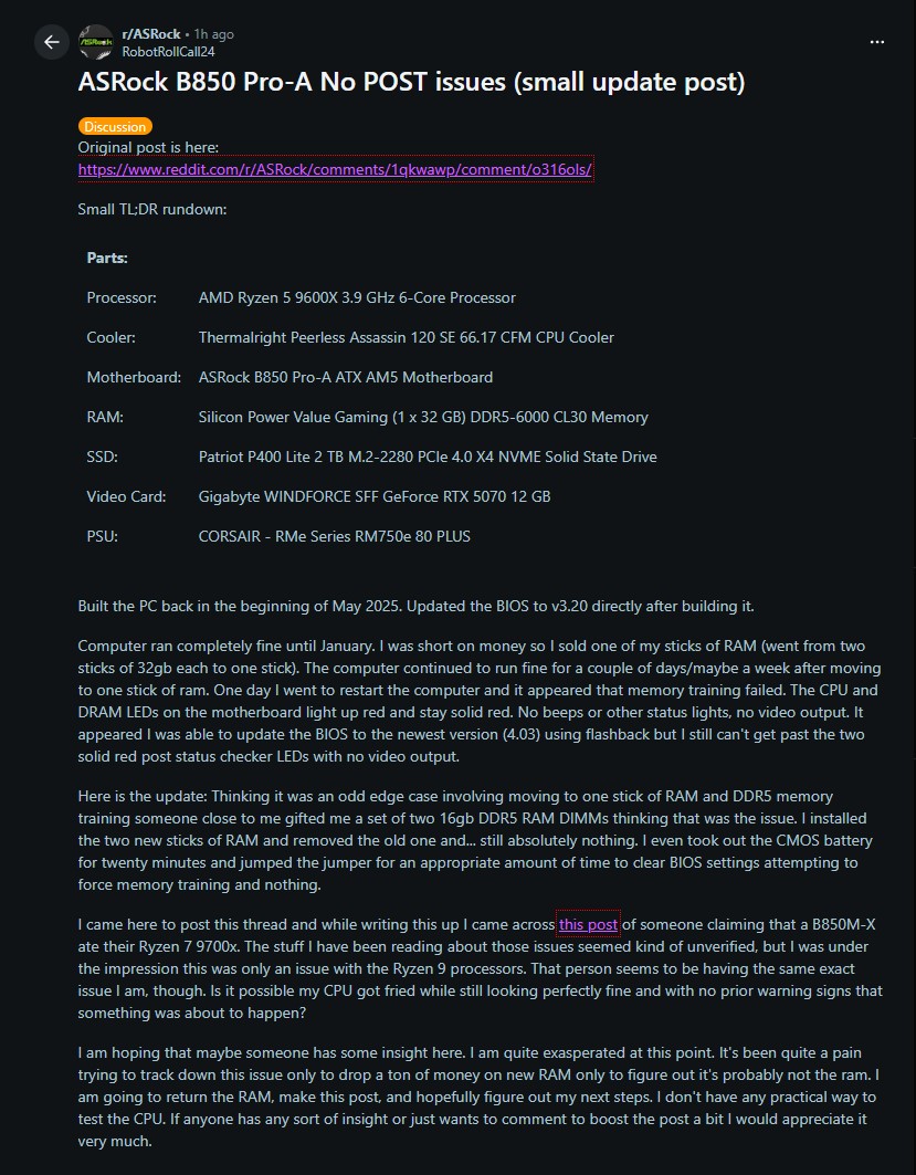 Discussion sur Reddit concernant des problèmes d'ASRock B850 Pro-A.