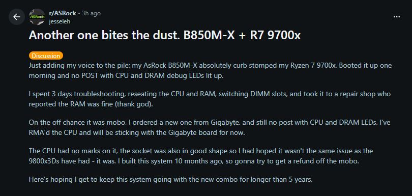 Discussion sur Reddit concernant un échec de l'ASRock B850M-X avec un Ryzen 7 9700X.