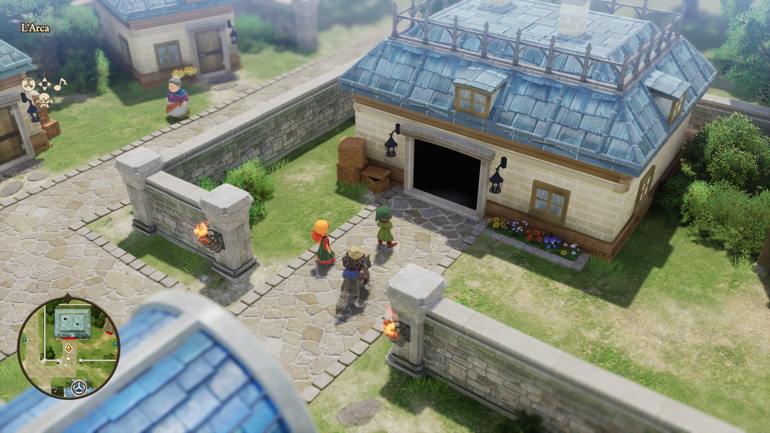 Trois personnages se dirigent vers un bâtiment dans le jeu 'Dragon Quest VII Reimagined' avec la localisation marquée 'L'Arca'.