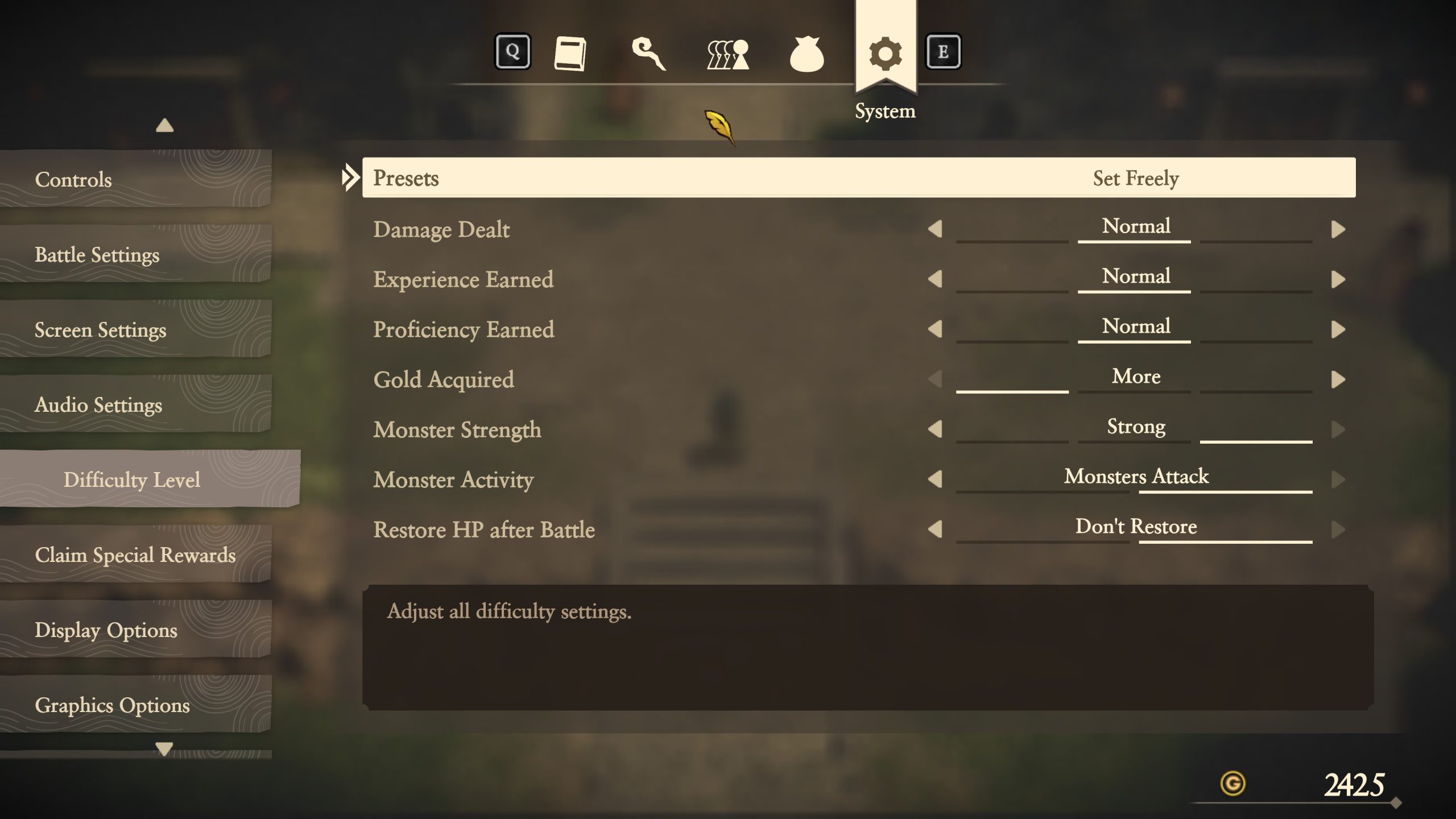 Menu des réglages de jeu affichant diverses options de difficulté dans Dragon Quest VII Reimagined.
