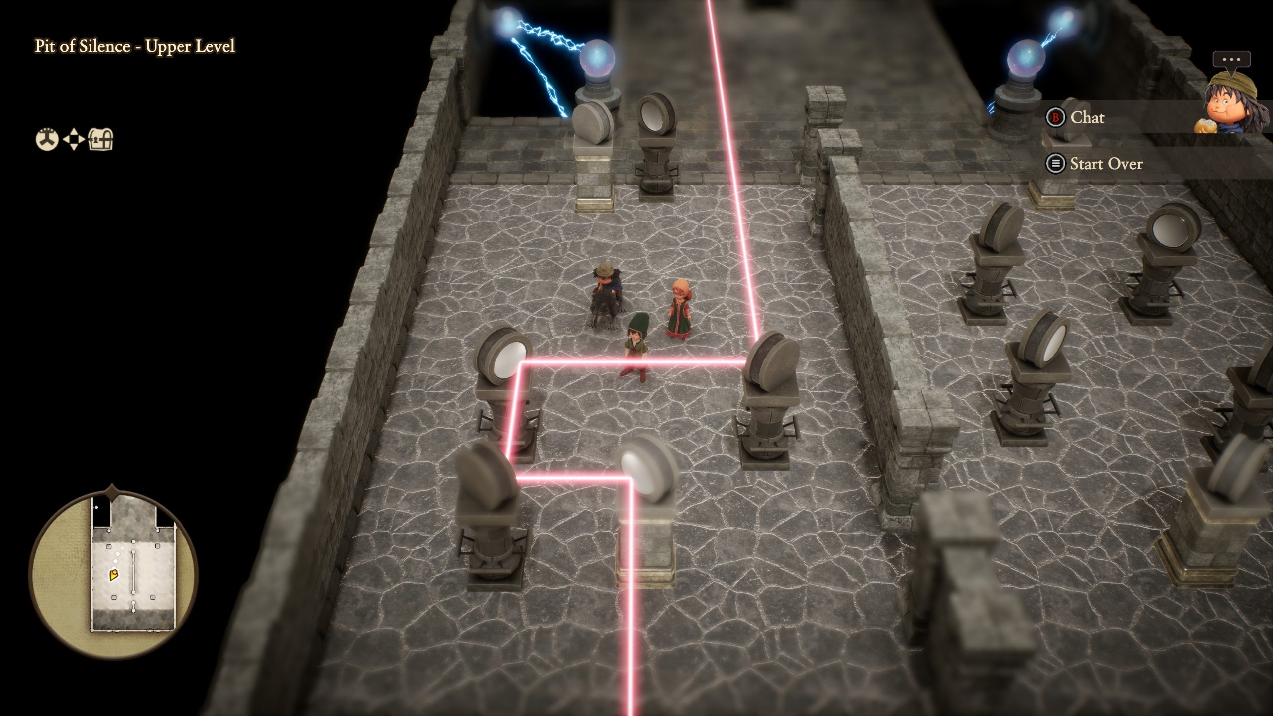 Dans 'Dragon Quest VII Reimagined', une scène montre des personnages naviguant dans un casse-tête avec des rayons laser roses.