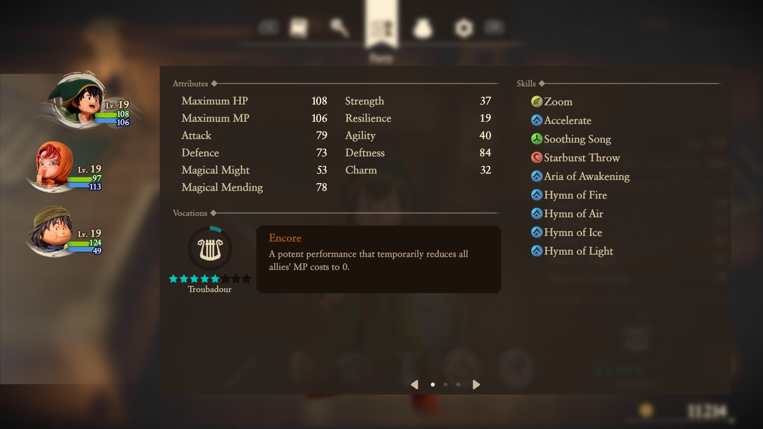 A character stat screen in a game shows attributes and skills for a level 19 character with vocations as 'Troubadour,' and a skill description reading, 'Encore: A potent performance that temporarily reduces all allies' MP costs to 0.'