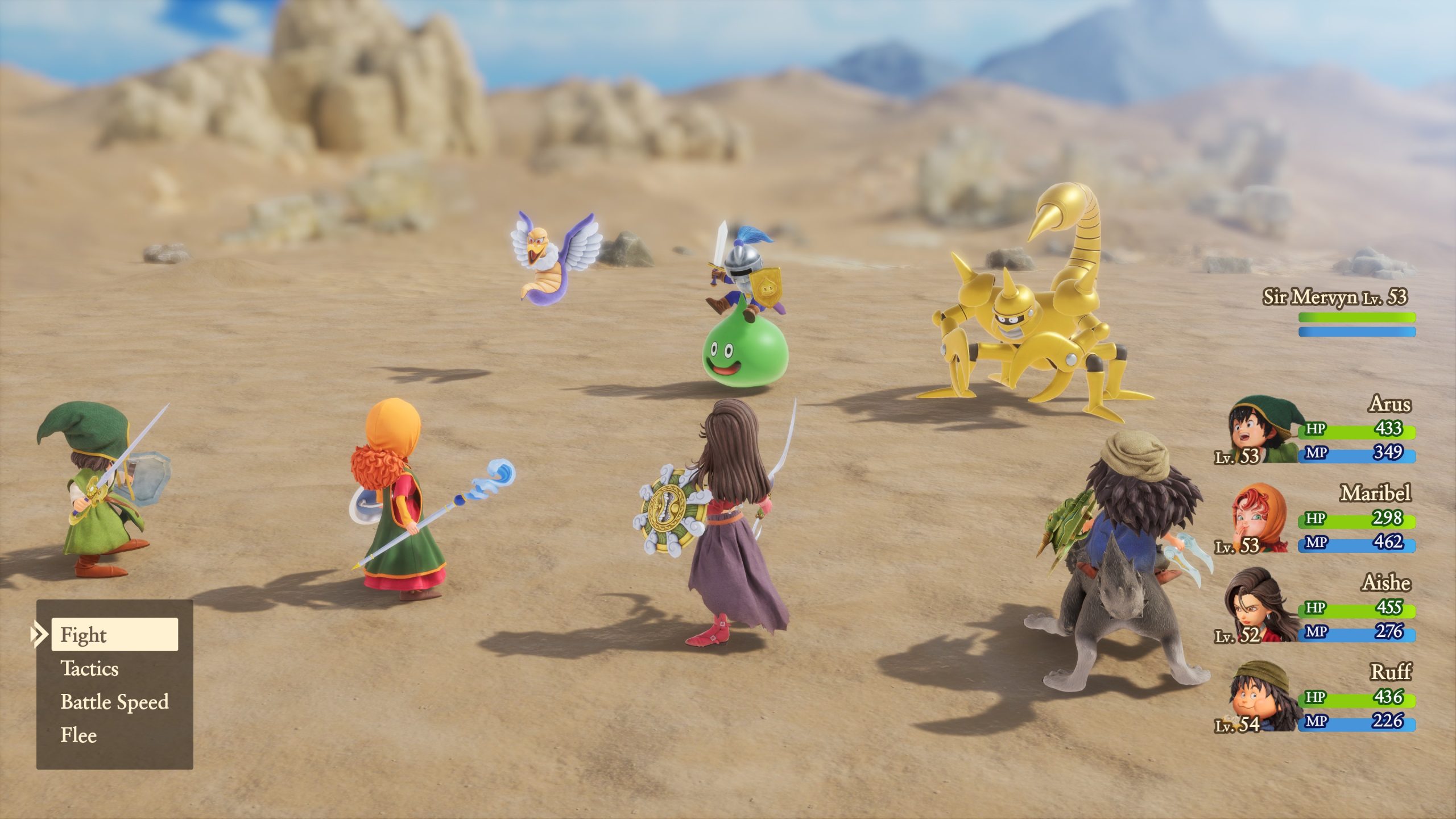 Scène de bataille dans Dragon Quest VII Reimagined montrant des personnages choisissant de 'Combattre' contre un scorpion doré et un chevalier sur une slime,