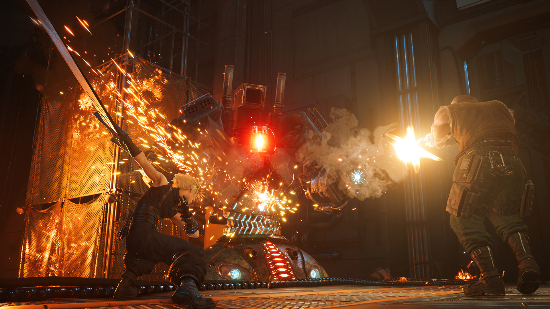 Des personnages de Final Fantasy VII Remake combattent un boss mécanique.