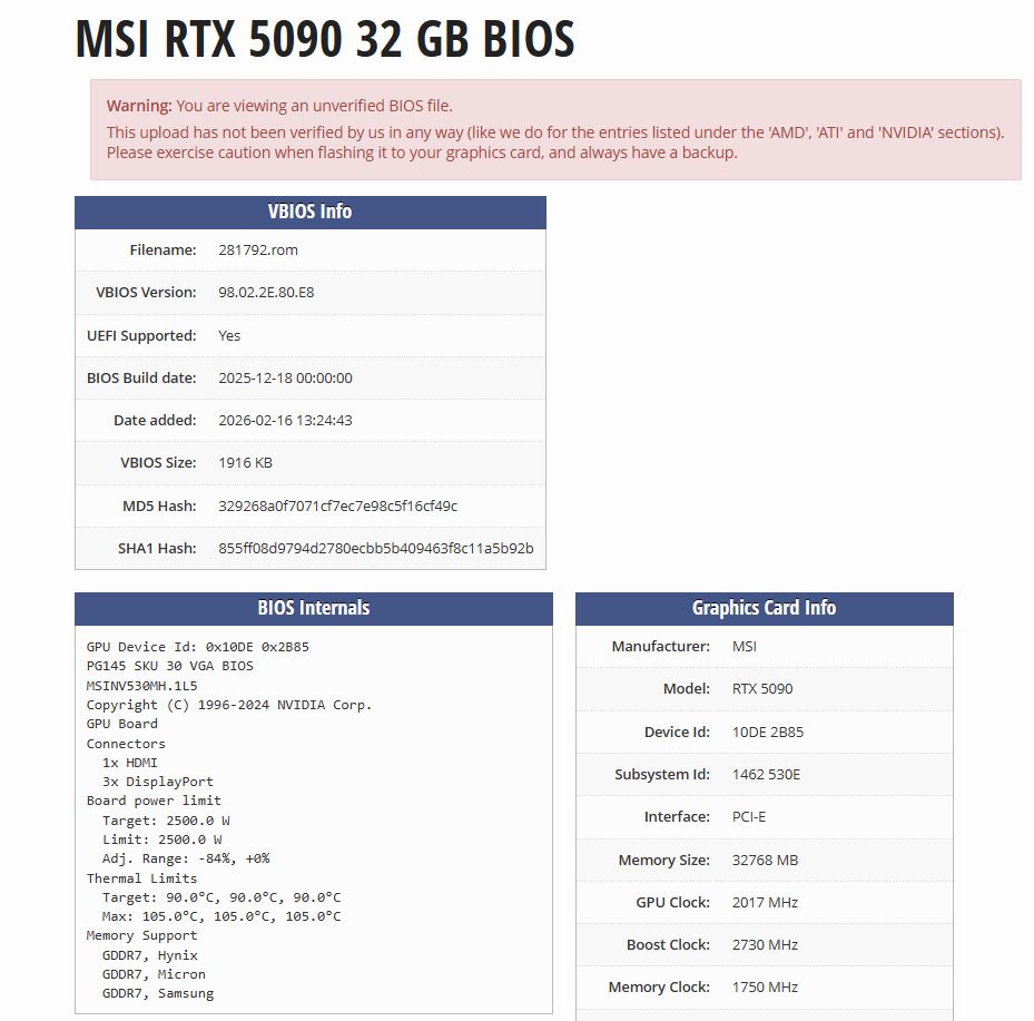 Détails du BIOS MSI RTX 5090 32 Go, incluant la version '98.02.2E.80.8E'.