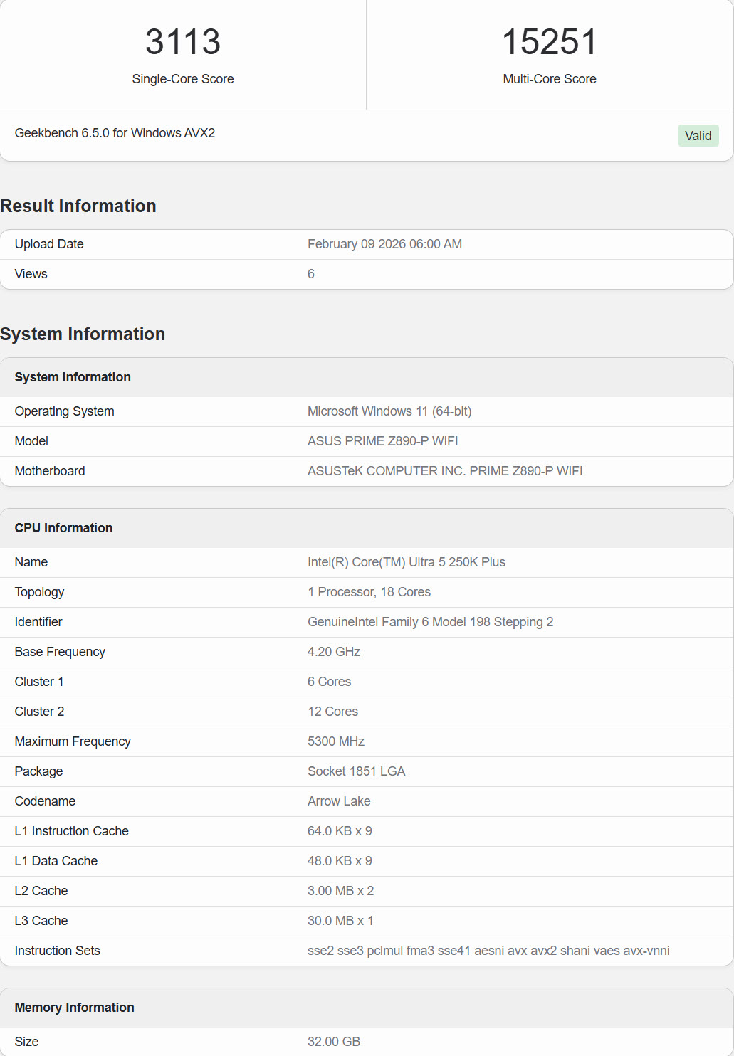 Geekbench 6.5.0 résultat d'un système ASUS PRIME Z890-P WIFI avec le processeur Core Ultra 5 250K Plus