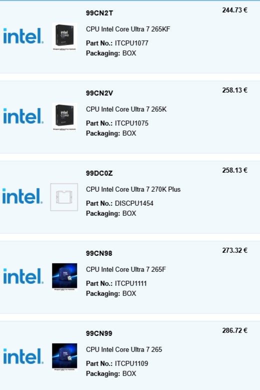 Liste de processeurs Intel, incluant le Core Ultra 7 265KF