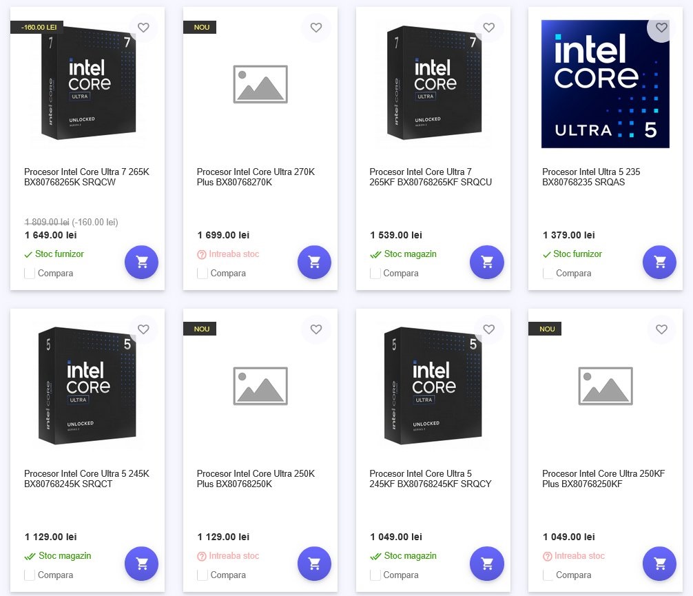 Listing des processeurs Intel Core Ultra sur une page web
