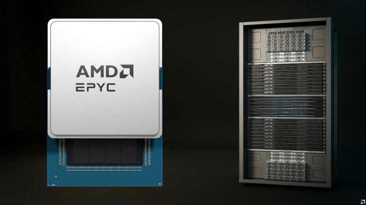 Processeur AMD EPYC à côté d'un rack de serveurs.