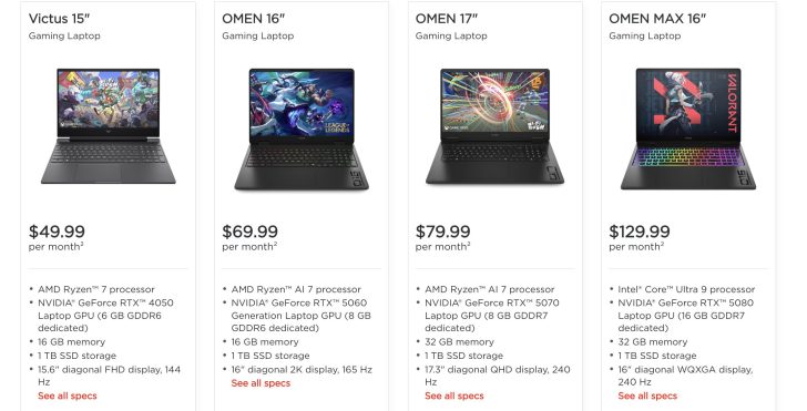 Sélection de laptops de jeu HP montrant les modèles HP Victus 15, HP OMEN 16, HP OMEN 17 et HP OMEN MAX 16 avec des prix mensuels,