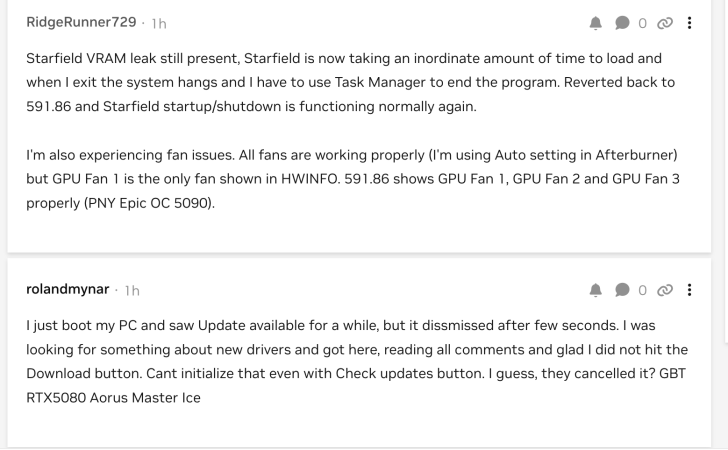 Commentaires d'utilisateurs sur un forum technique discutant des problèmes de 'Starfield', fonctionnement des ventilateurs GPU et mises à jour de pilotes