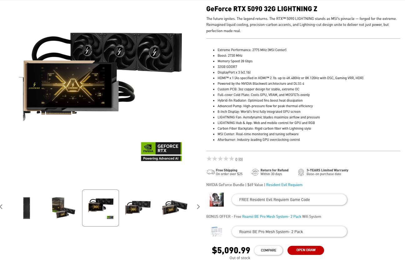 La carte graphique MSI GeForce RTX 5090 32G LIGHTNING Z avec un système de refroidissement liquide,