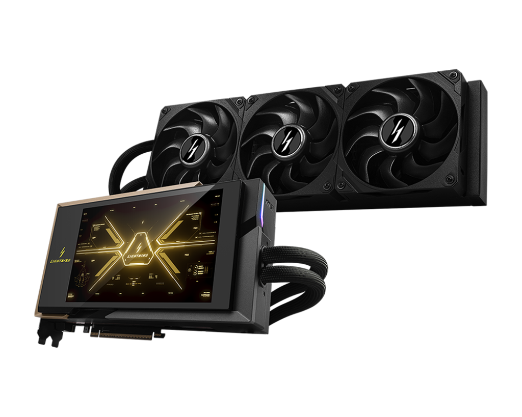 Une carte graphique MSI GeForce RTX 4090 ‘Lightning’ reliée à un système de refroidissement à triple ventilateur.