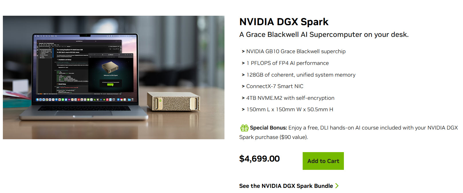 A laptop displaying coding software next to an NVIDIA DGX Spark, a Grace Blackwell AI supercomputer, with highlighted