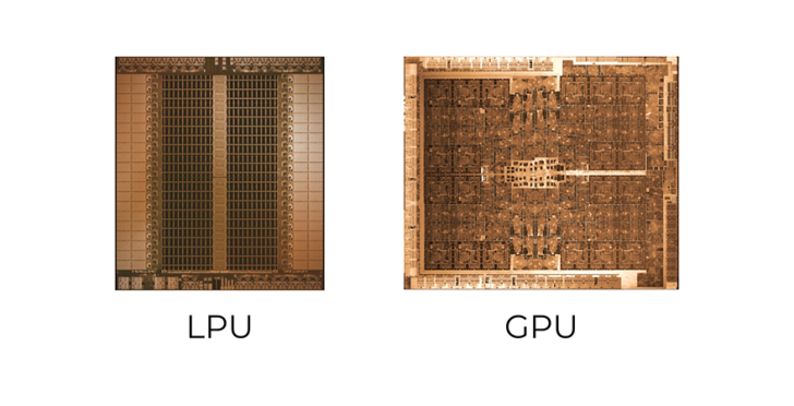 Side-by-side images of a semiconductor labeled 'LPU' and another labeled 'GPU', detailing their intricate circuitry.