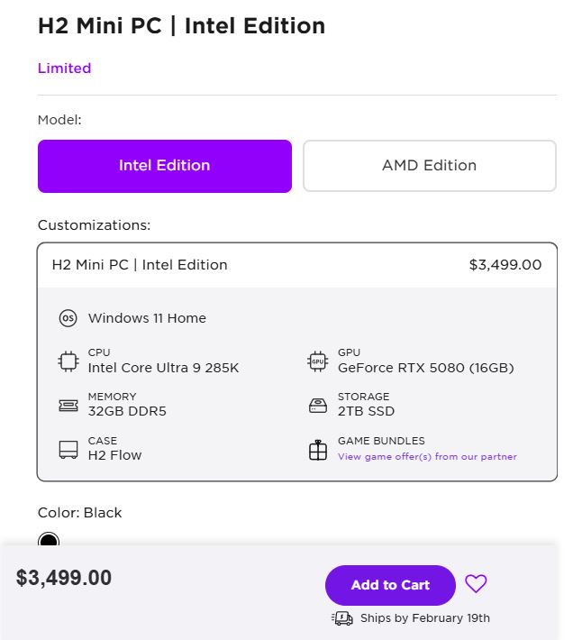 H2 Mini PC Edition Intel à 3,499 €, équipé d'un CPU Intel Core Ultra 9 285K, GeForce RTX 5080.