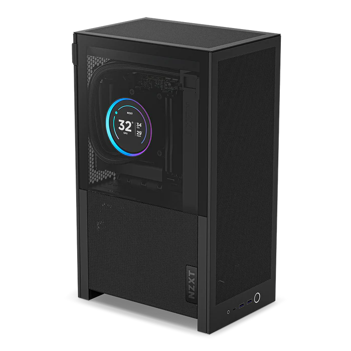Boîtier NZXT H5 Flow noir avec un affichage numérique circulaire '32°C' visible à l'intérieur.