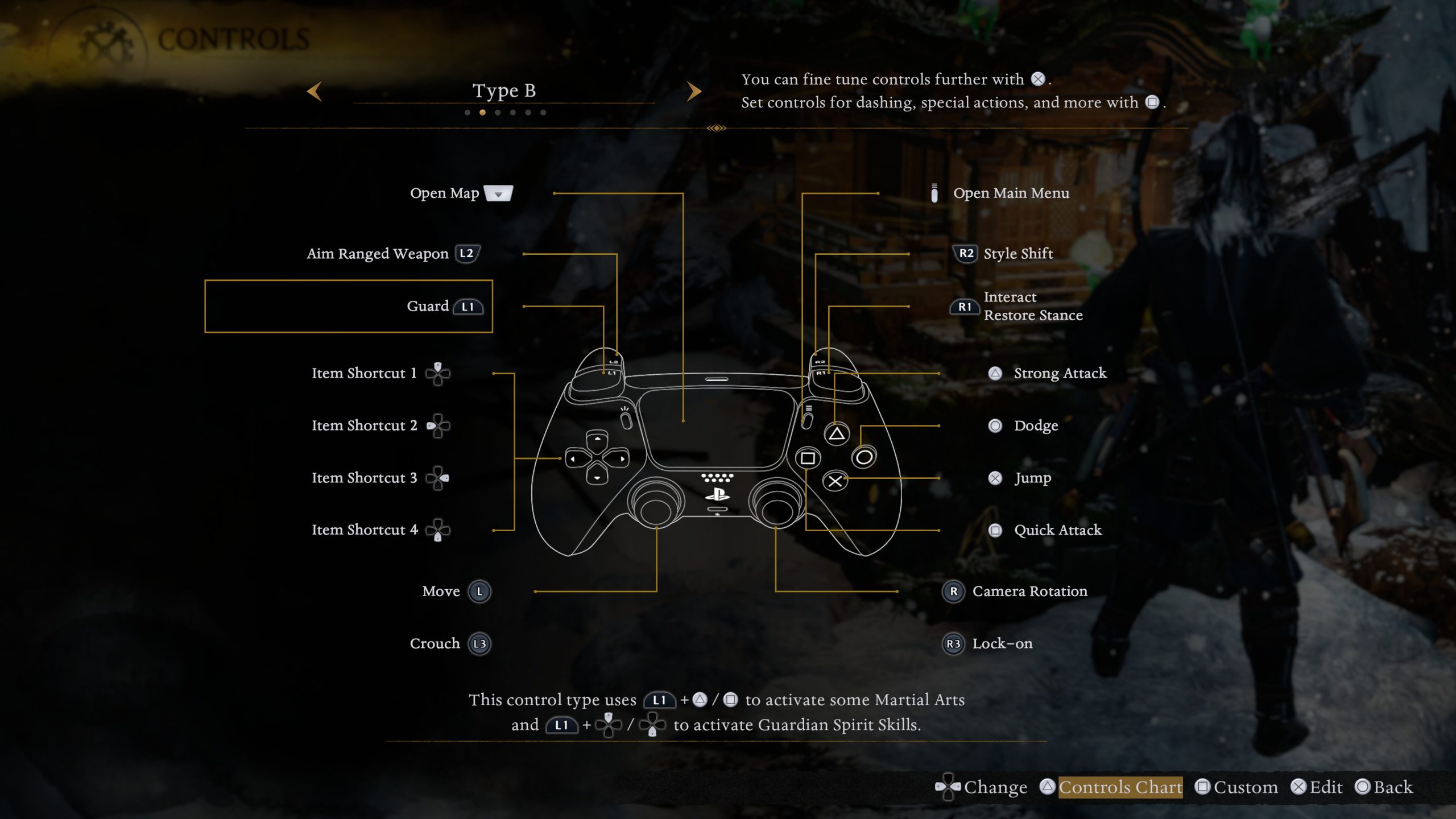 Configuration du contrôleur DualSense pour Nioh 3 avec les réglages de contrôles 'Type B'