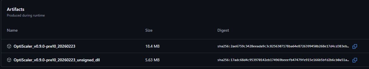 Interface logiciel montrant deux artefacts téléchargeables : OptiScaler_v0.9.0-pre10_20260223