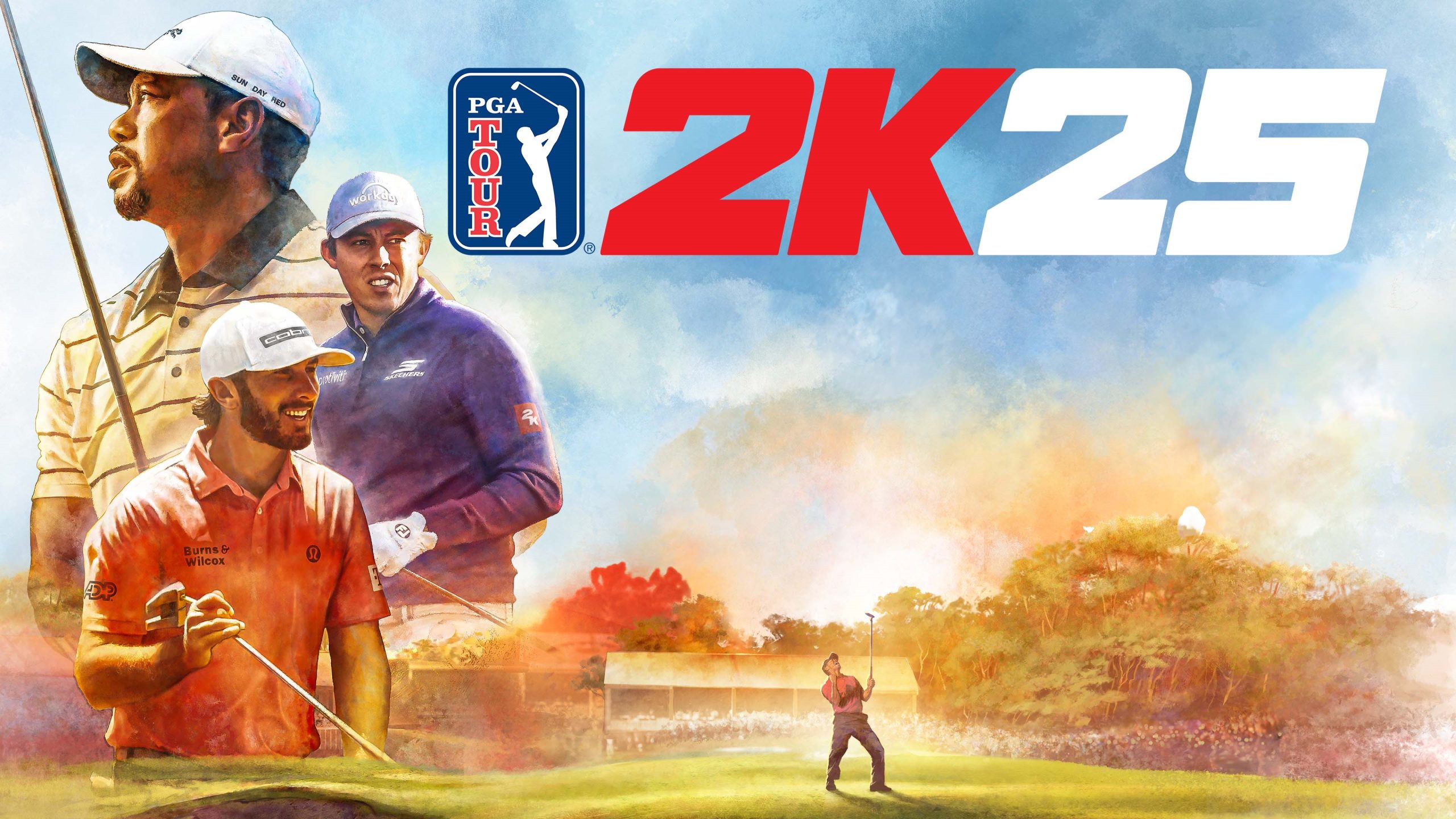 Artwork for 'PGA Tour 2K25' featuring three golfers and a sunny golf course in the background.