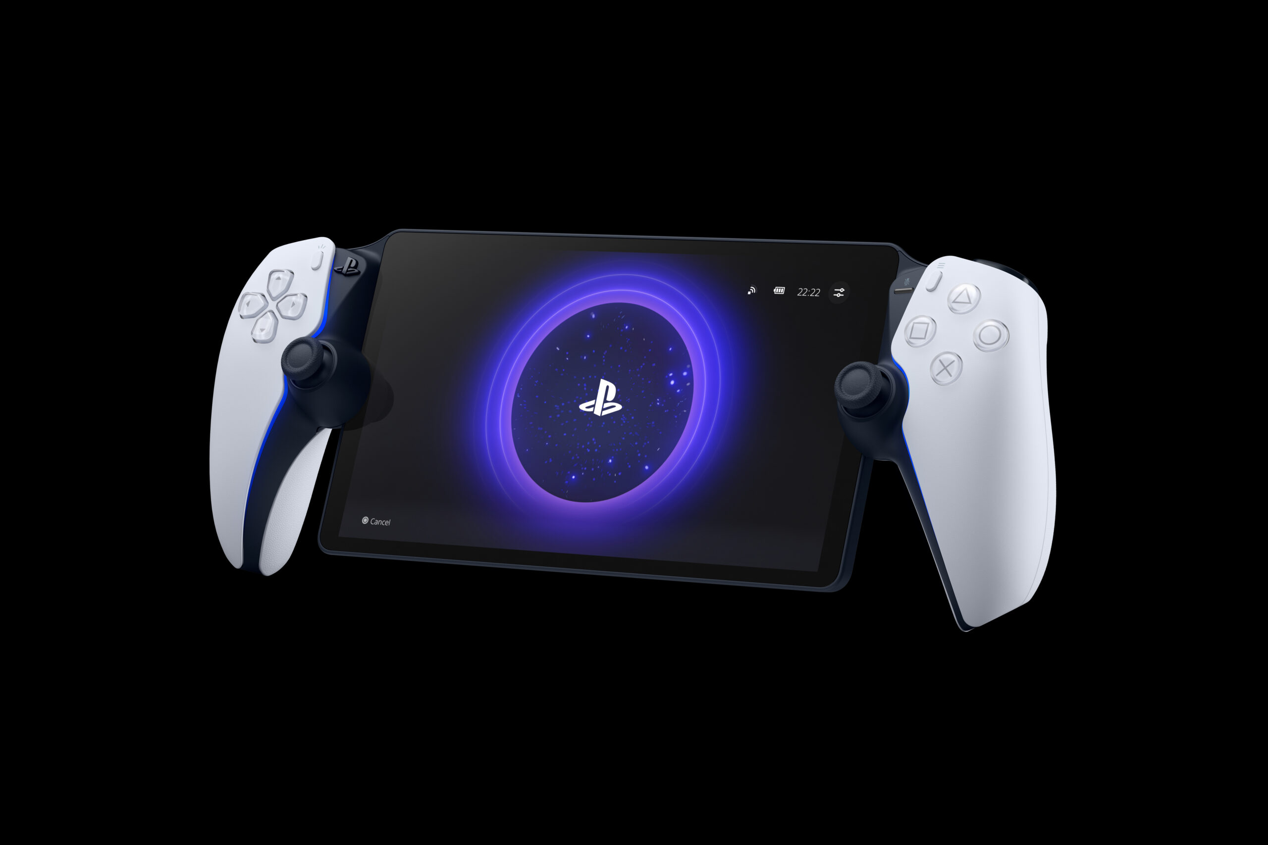Un appareil portatif PlayStation affiche le logo PlayStation avec des poignées de manette DualSense.