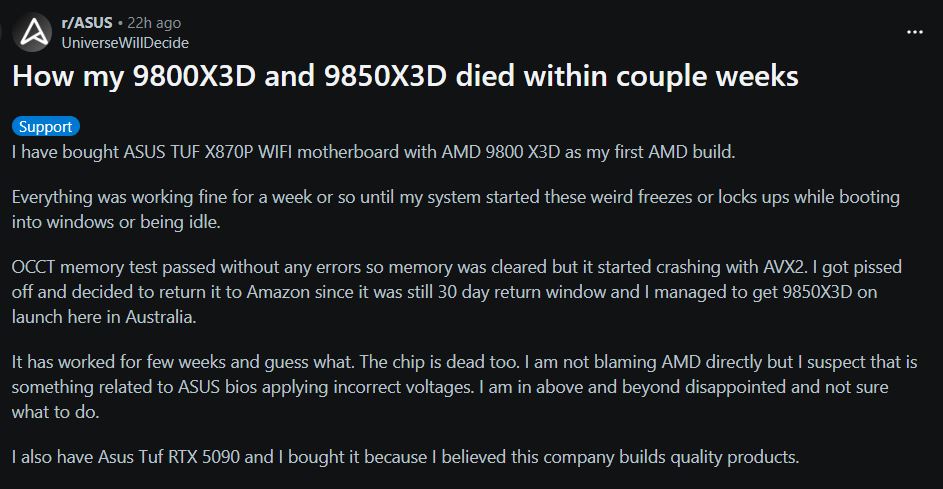 Un post Reddit sur les défaillances du Ryzen 9800X3D et 9850X3D avec la carte mère ASUS TUF X870P WIFI