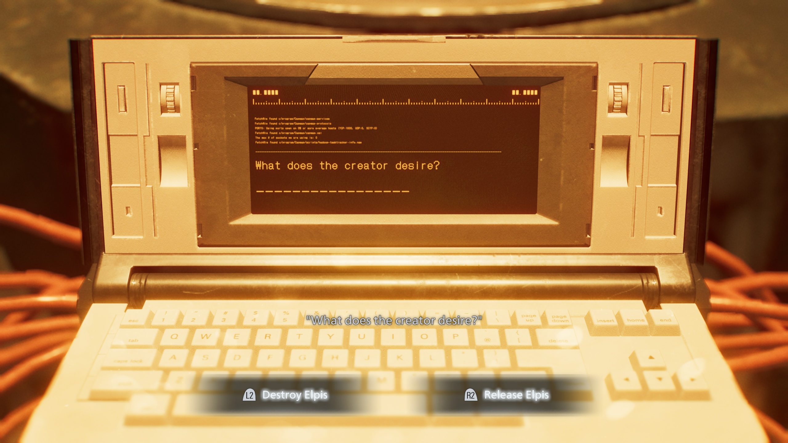 Écran d'ordinateur vintage montrant 'Que désire le créateur ?' dans Resident Evil Requiem