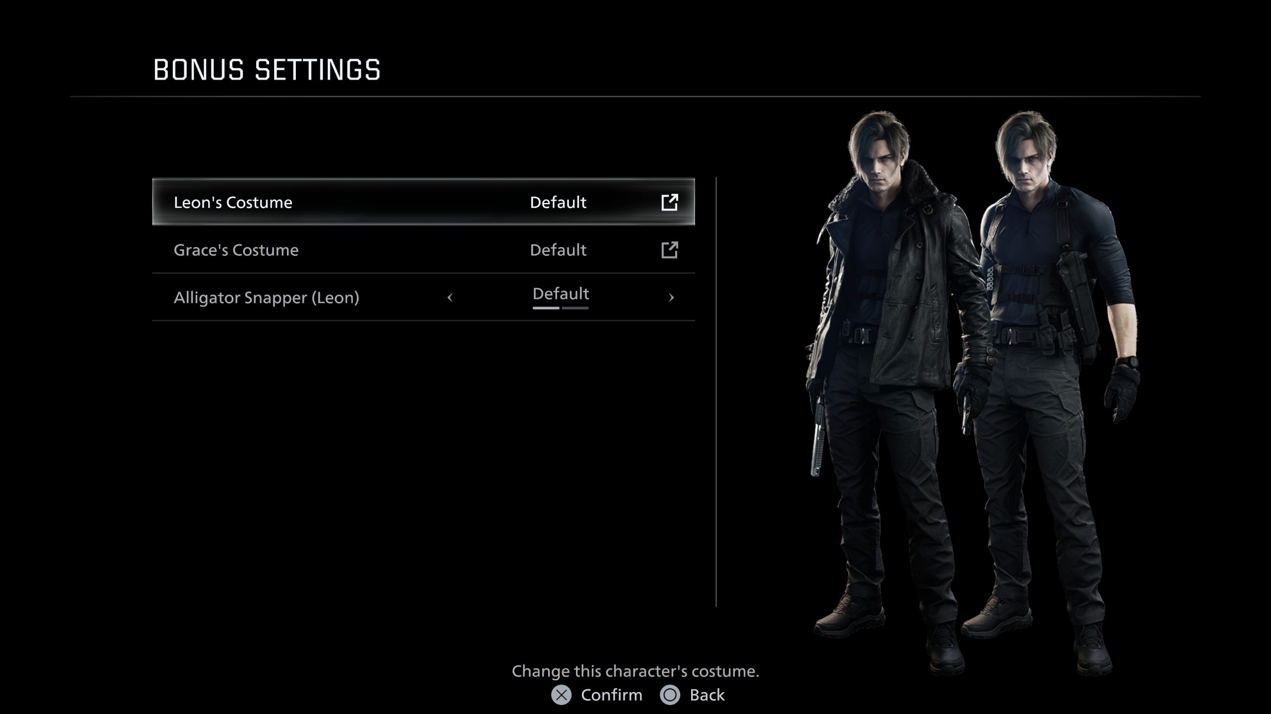 Dans le menu de Resident Evil Requiem intitulé 'Bonus Settings', le costume de Leon est réglé sur 'Default', avec deux variations du personnage affichées
