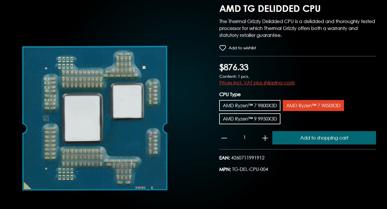 Page produit affichant un processeur AMD TG Delidded avec options pour Ryzen 7 9800X3D et Ryzen 7 9850X3D, au prix de 876,33 €.