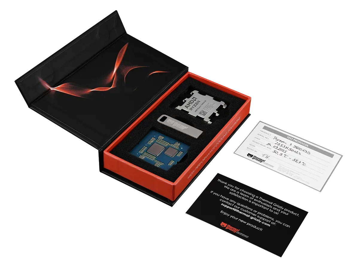 Un ensemble contenant un processeur AMD Ryzen marqué 'Thermal Grizzly' avec de la pâte thermique et une carte de test étiquetée 'BI533N /