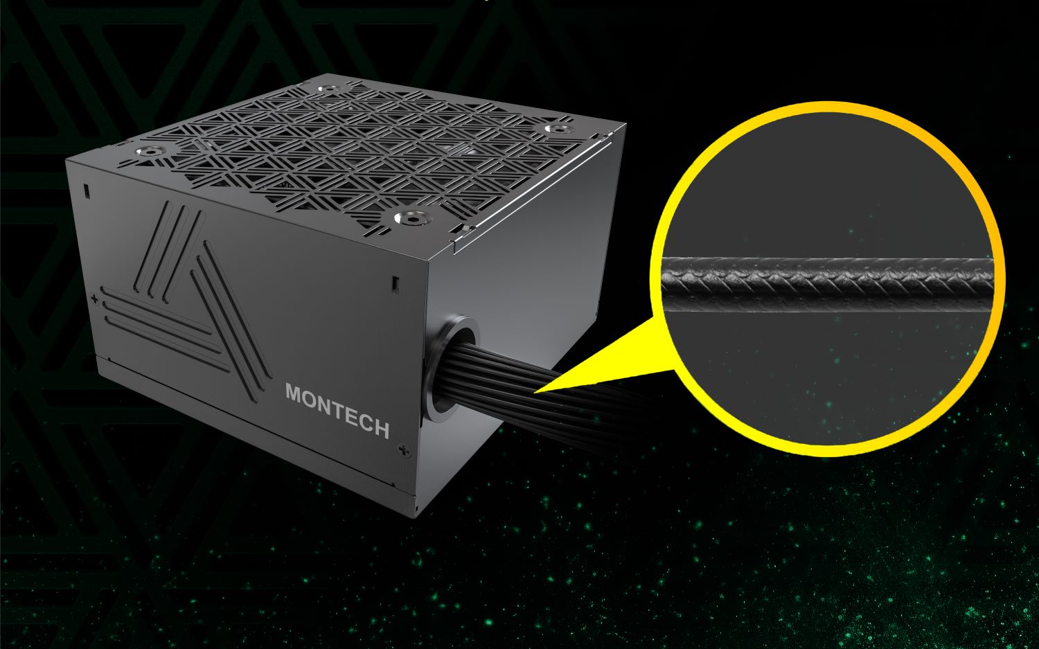 Gros plan d'une alimentation Montech montrant son design de câble tressé.
