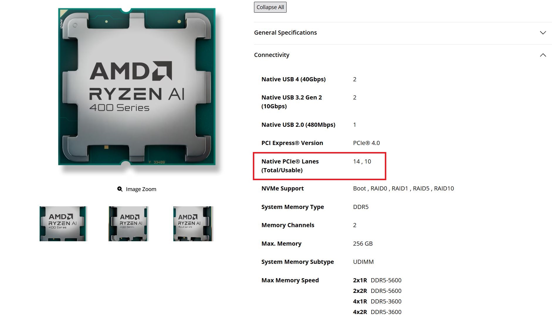 Un processeur AMD Ryzen AI 400 Series avec spécifications générales