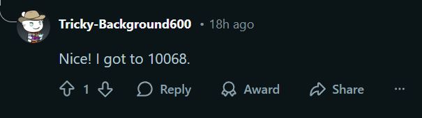 Commentaire d'un utilisateur disant avoir atteint 10068