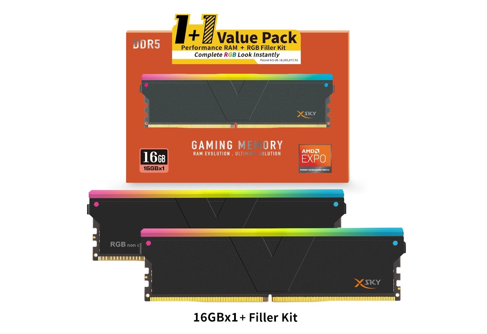Le package et deux modules DDR5 de XSKY, étiquetés comme un 'Value Pack 1+1' avec une capacité de 16 Go et technologie 'AMD EXPO', incluant des versions RGB et non-RGB.
