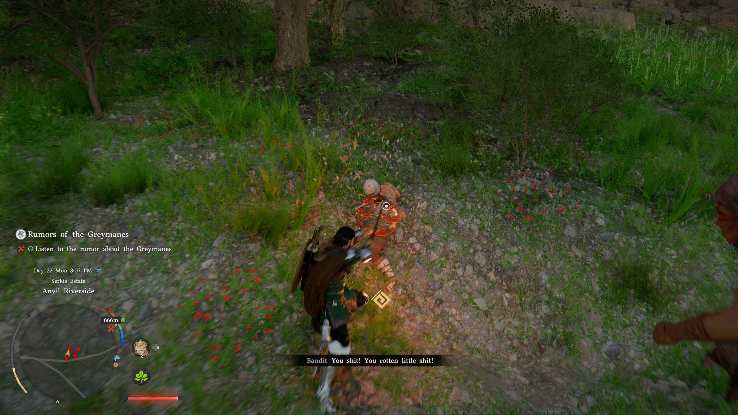 Une scène de Crimson Desert montre un personnage en combat contre un bandit, avec du texte à l'écran affichant une quête intitulée 'Rumeurs des Greymanes' et des coordonnées de carte montrant 'Serkis Estate' et 'Anvil Riverside'.