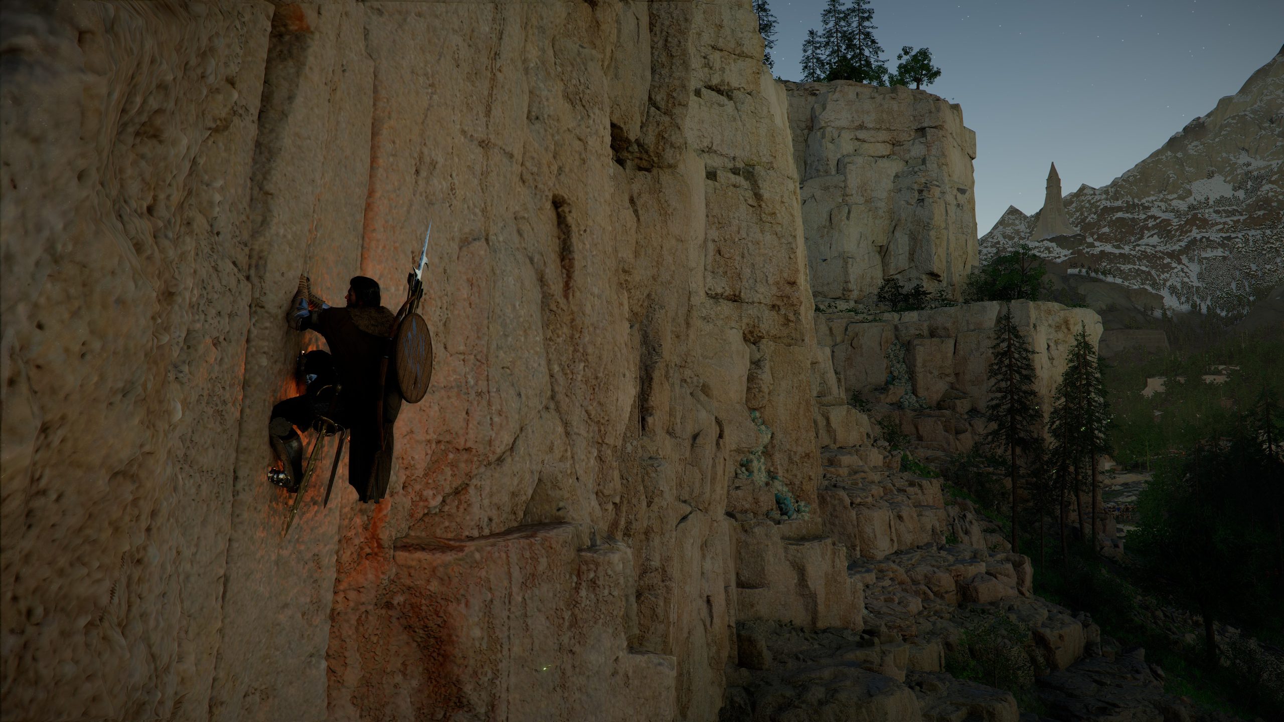 Un personnage dans Crimson Desert escaladant une falaise abrupte avec une lance et un bouclier.