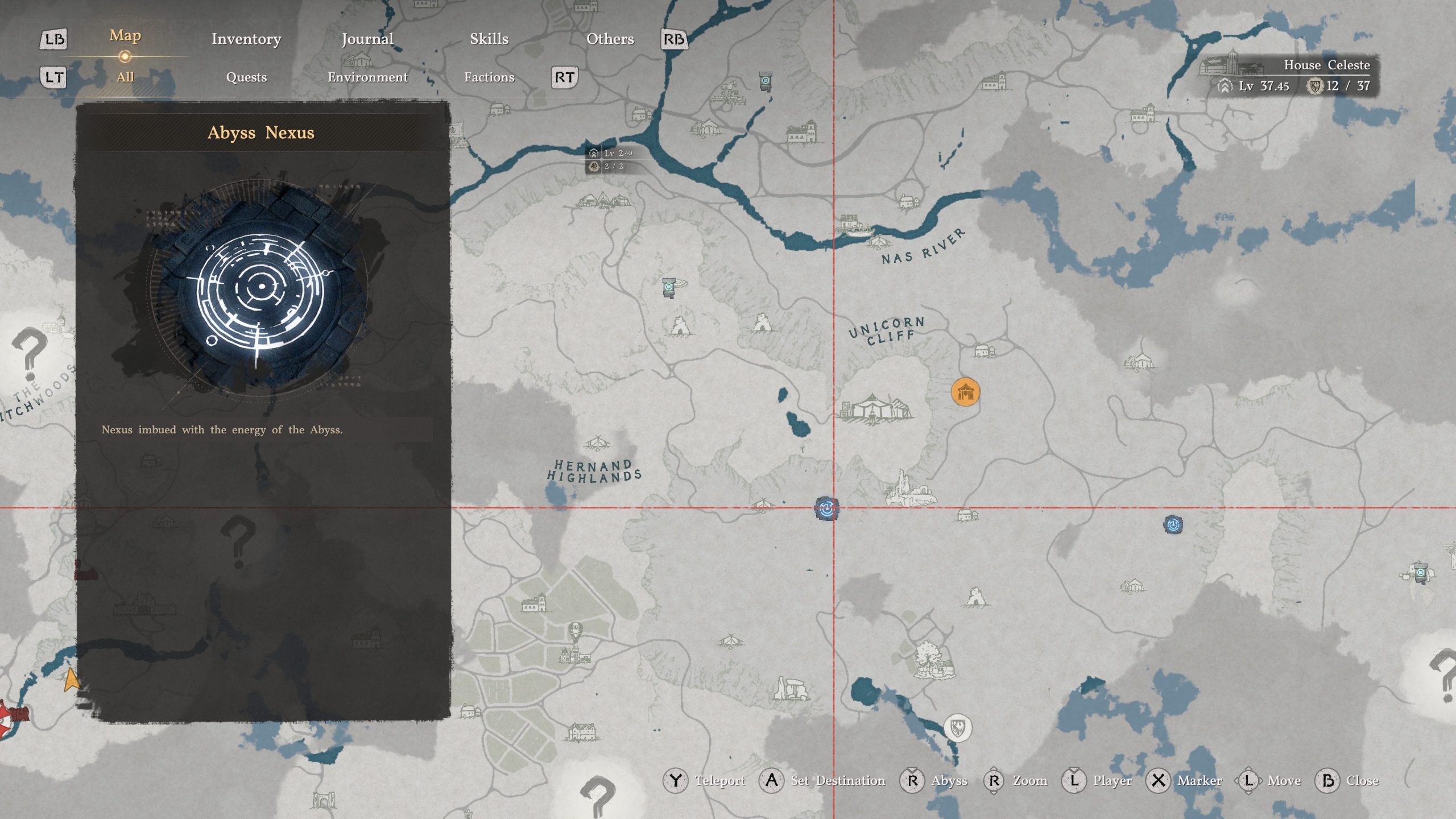 Écran de carte d'un jeu vidéo montrant la localisation de l'Abyss Nexus avec des options de téléportation.