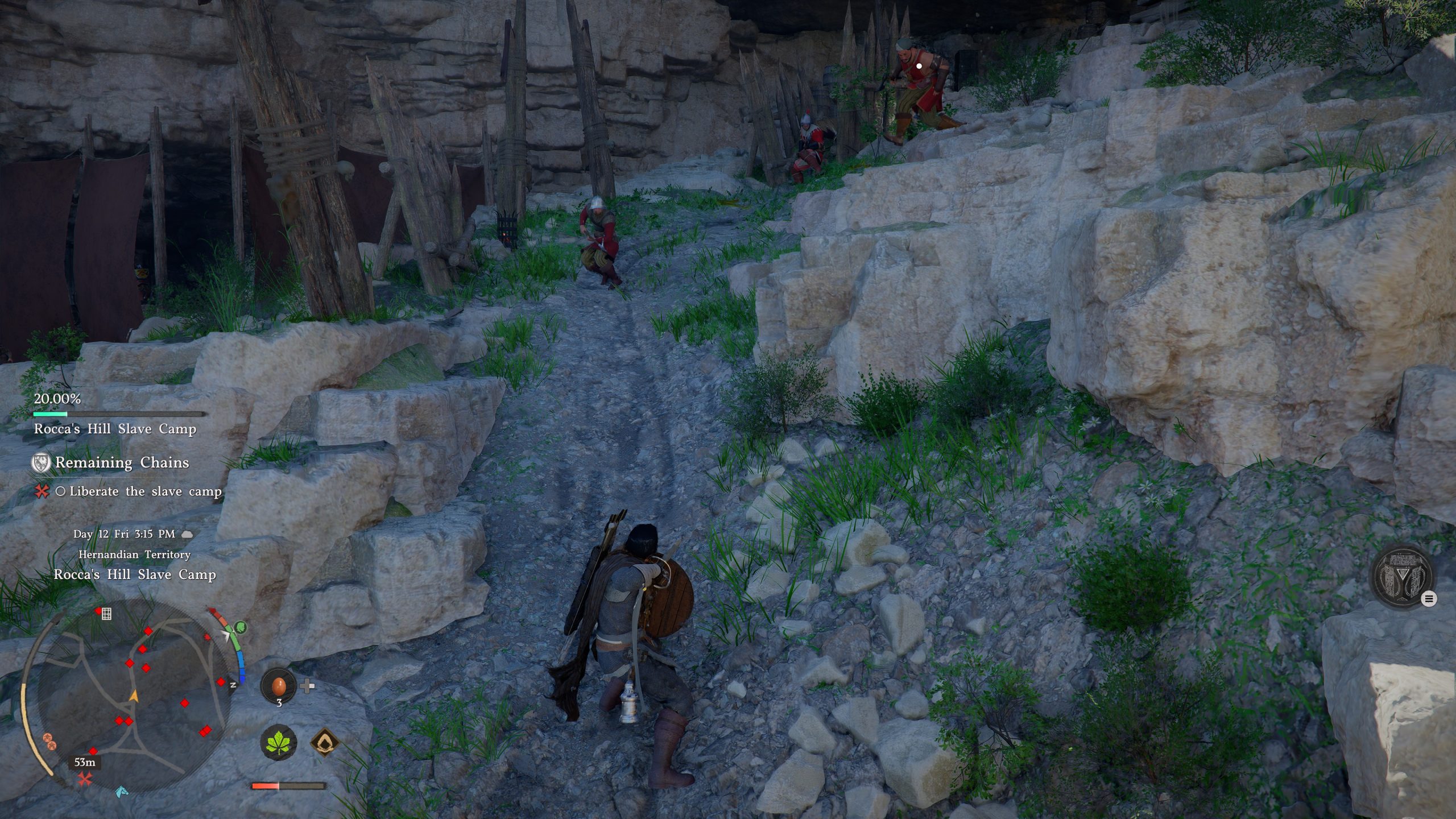 Un personnage caché derrière une pierre dans 'Rocca's Hill Slave Camp', en face d'ennemis en hauteur