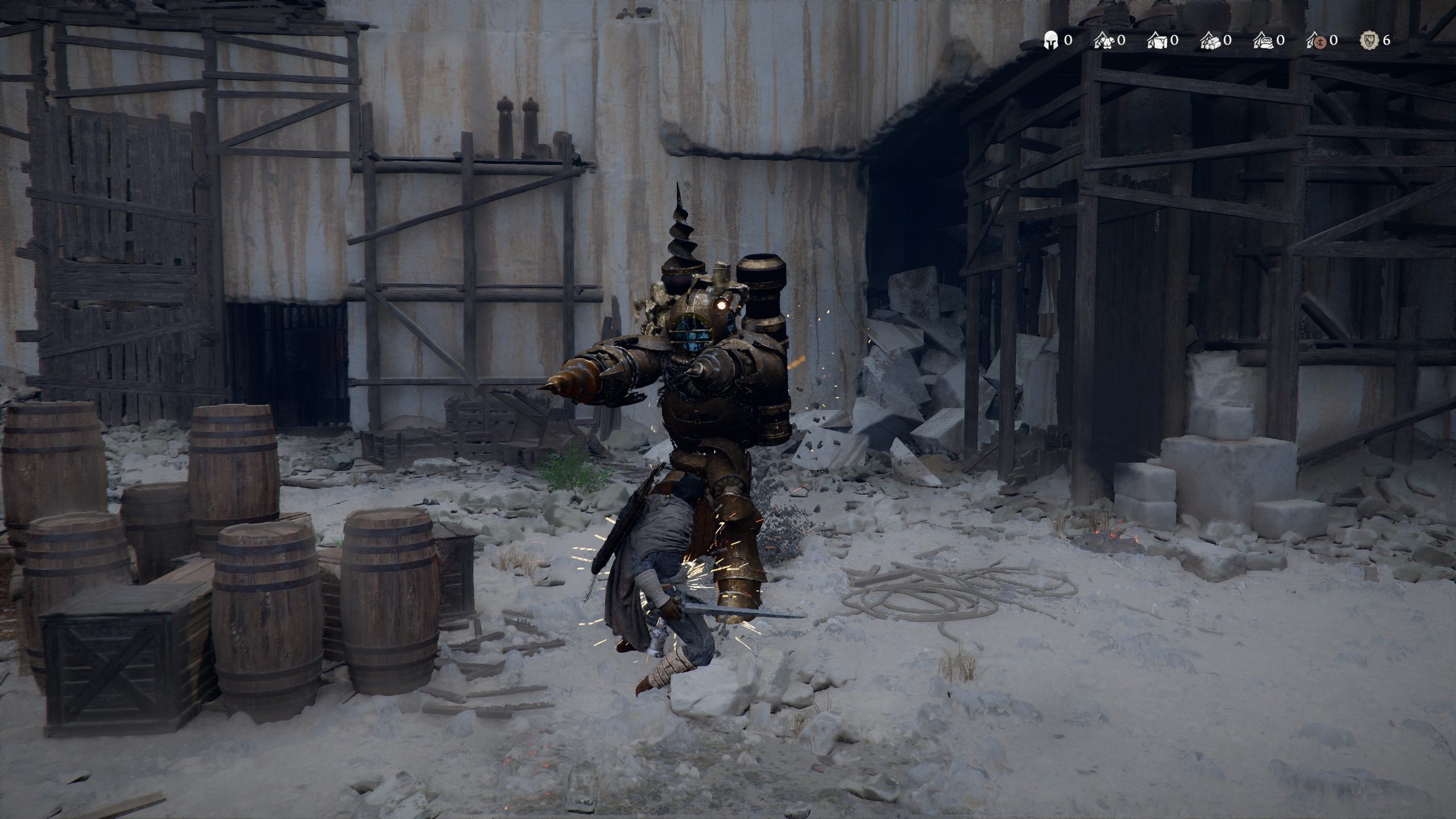 Un personnage dans une exosuit engagée dans un combat dans un environnement industriel dans Crimson Desert