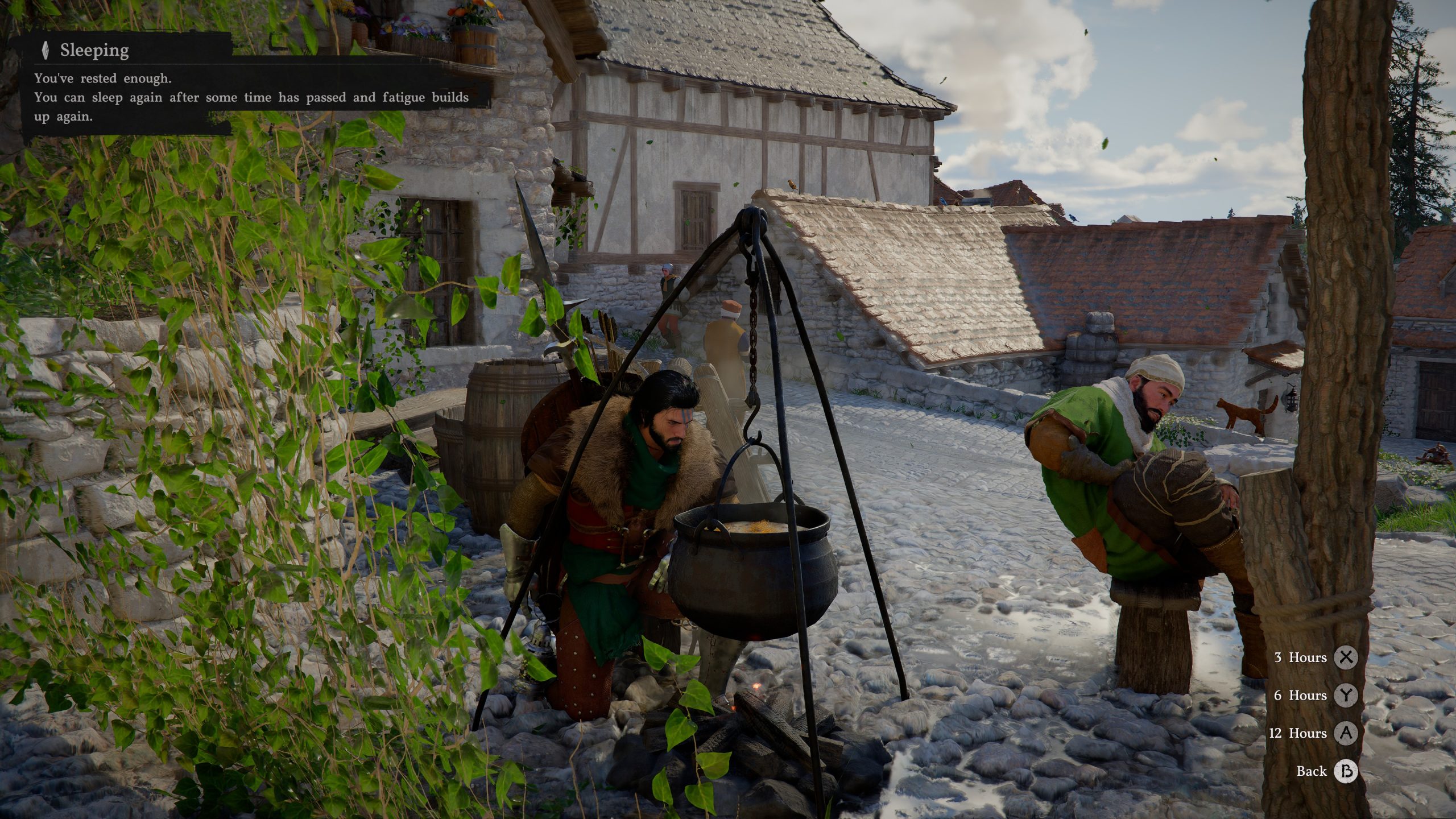 Un personnage dans Crimson Desert en tenue médiévale s'occupant d'un chaudron sur un feu dans un village pavé, avec du texte à l'écran 'Sleeping' et des options de durée de sommeil visibles.