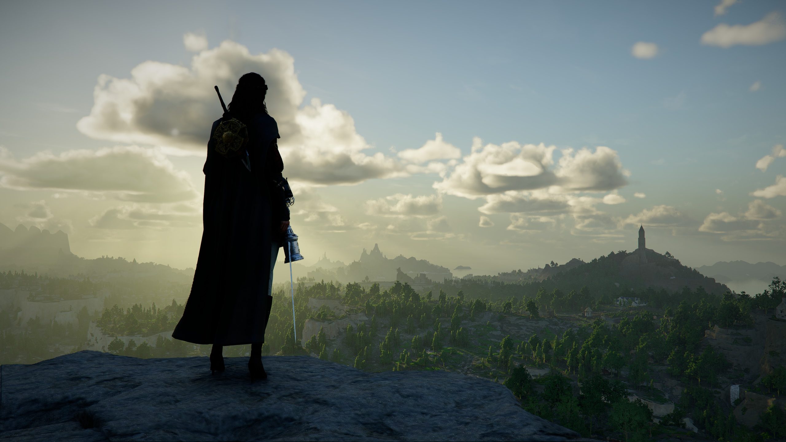 Un personnage dans Crimson Desert se tenant sur une falaise surplombant un vaste paysage au coucher du soleil.