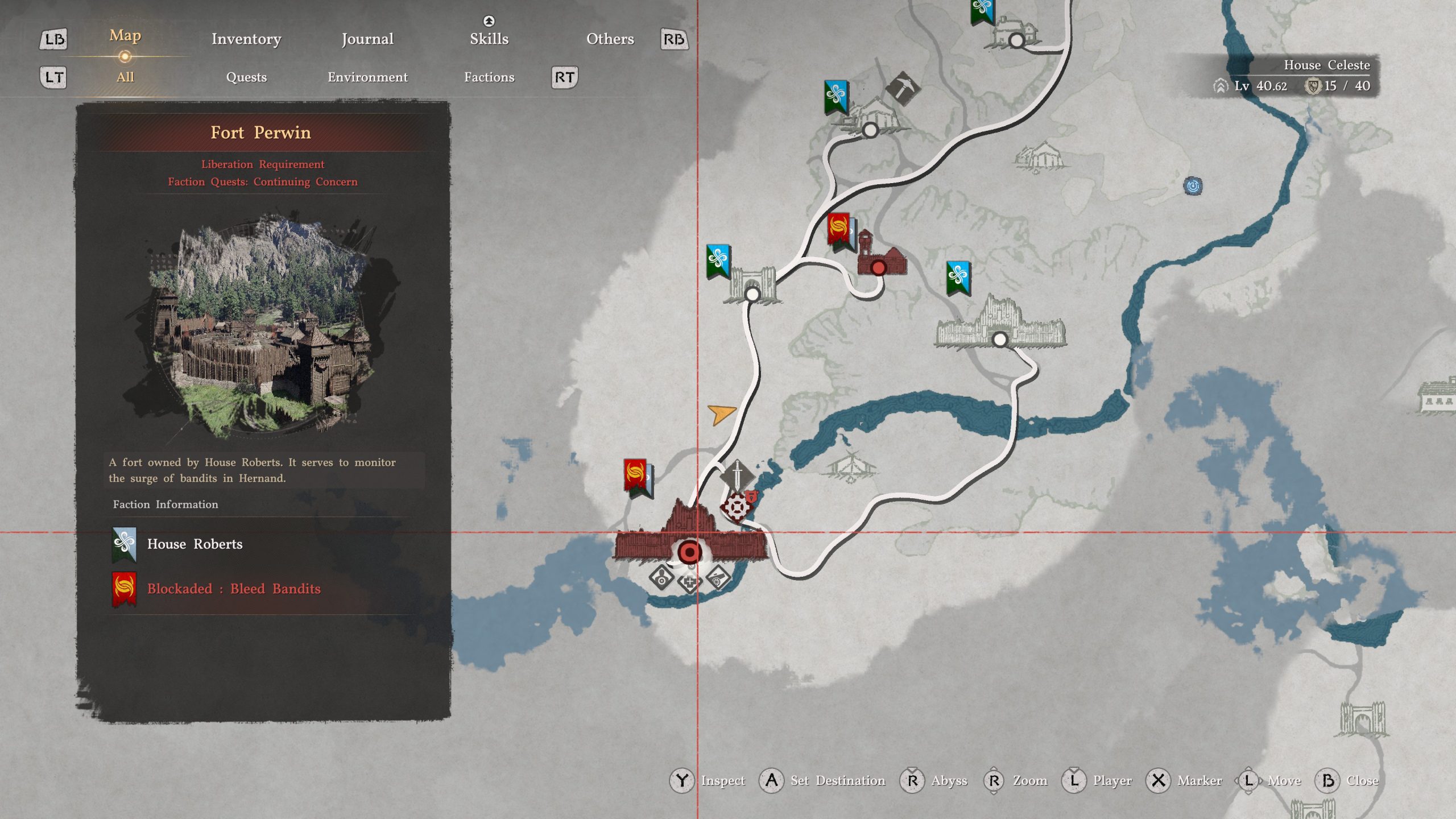 Écran de carte de Crimson Desert montrant 'Fort Perwin', appartenant à la Maison Roberts, détaillant son statut de blocus contre les 'Bandits sanguinolents', avec des icônes cartographiques et des commandes de navigation.