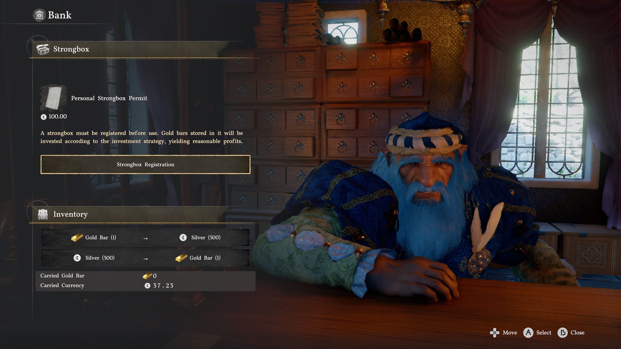 Dans l'interface de Crimson Desert, un personnage barbu derrière un bureau est montré à côté d'un menu 'Banque' affichant des options pour 'Enregistrement de coffre-fort' et 'Inventaire', avec un montant de 37,23 visible.