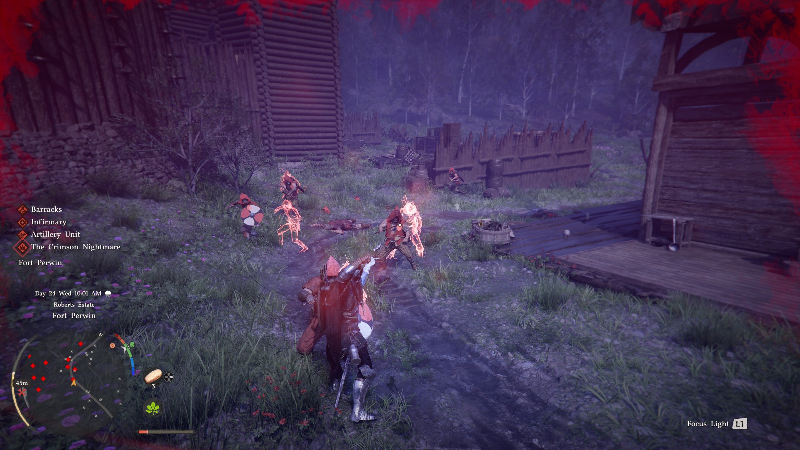 Un joueur en armure métallique dans Crimson Desert combat des ennemis rouges dans une zone extérieure ; l'interface montre des objectifs tels que 'Barracks' et 'The Crimson Nightmare'.