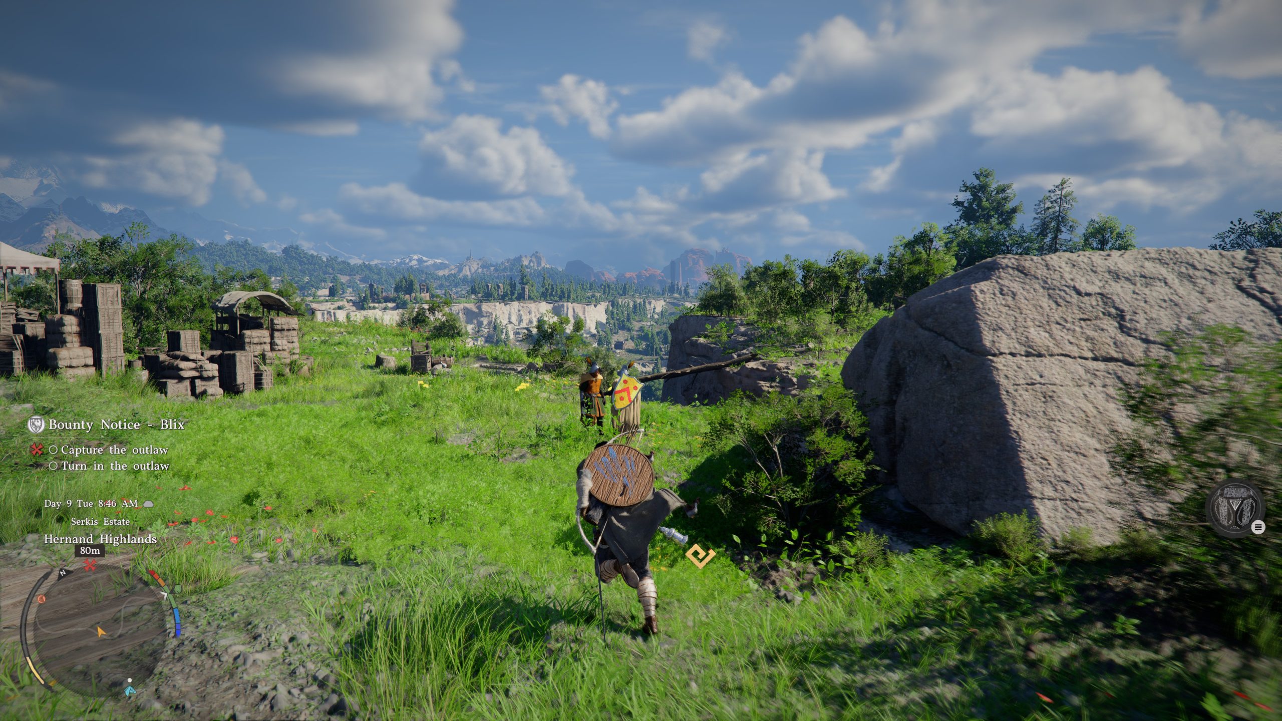 Un personnage dans 'Crimson Desert' approche un ennemi dans un paysage herbeux, affichant à l'écran un 'Avis de Prime - Blix' et une option pour 'Capturer le hors-la-loi'.