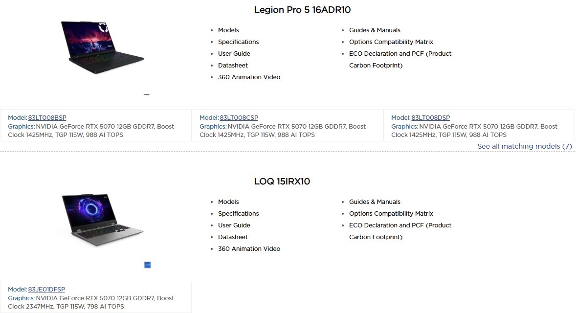 Page web montrant les ordinateurs portables Lenovo Legion Pro 5 16ADR10 et LOQ 15IRX10 avec NVIDIA GeForce RTX 5070 12 Go GDDR7, boost à 2347 MHz et TGP 115W.
