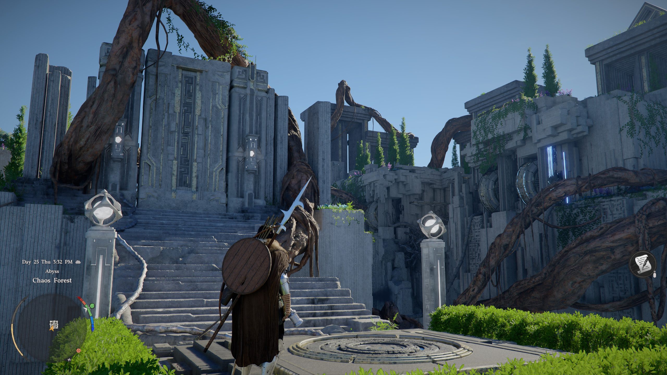 Un personnage devant un ancien temple surgi de la jungle, avec des indications temporelles à l'écran.