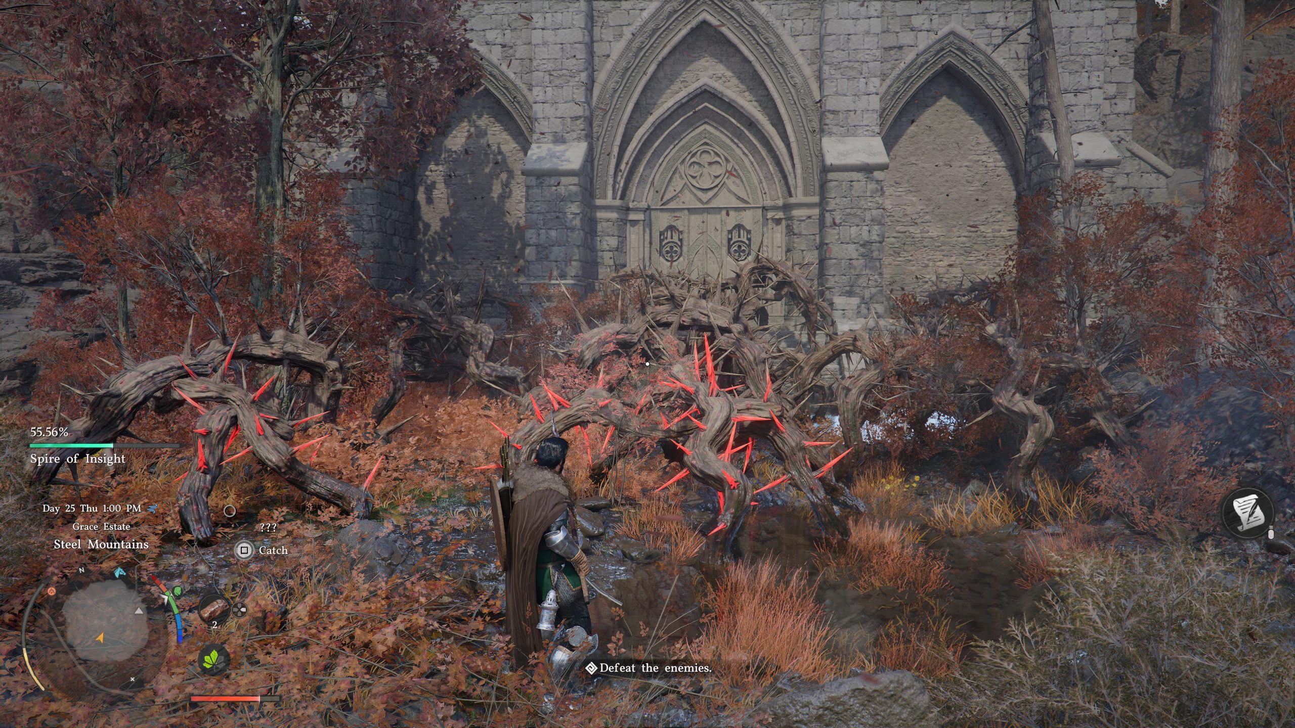 Personnage dans Crimson Desert confronté à des vignes épineuses à l'entrée de la 'Flèche de la Connaissance'.