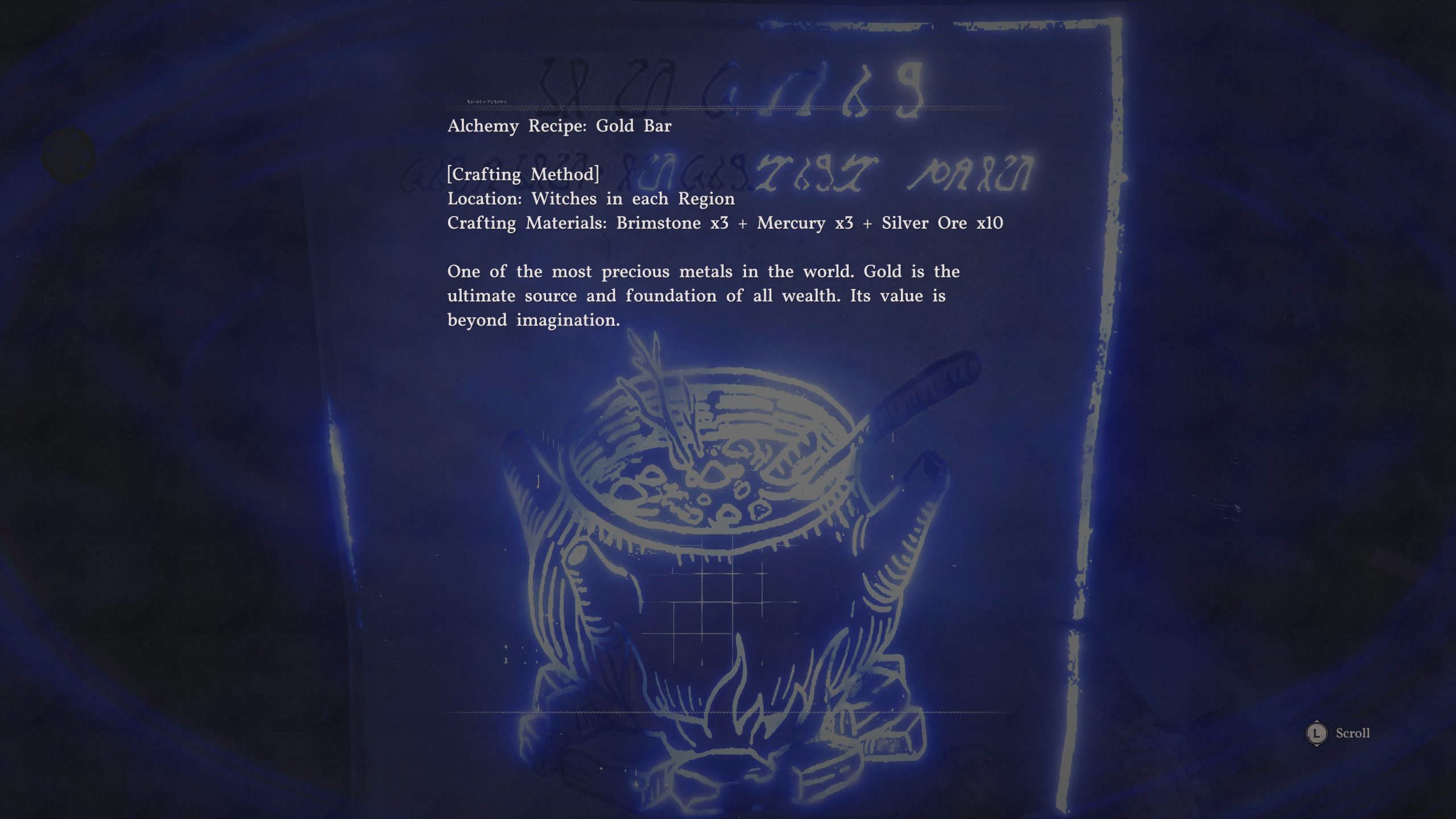 Écran de jeu montrant la 'Recette Alchimique : Barre d'Or' avec les matériaux nécessaires.